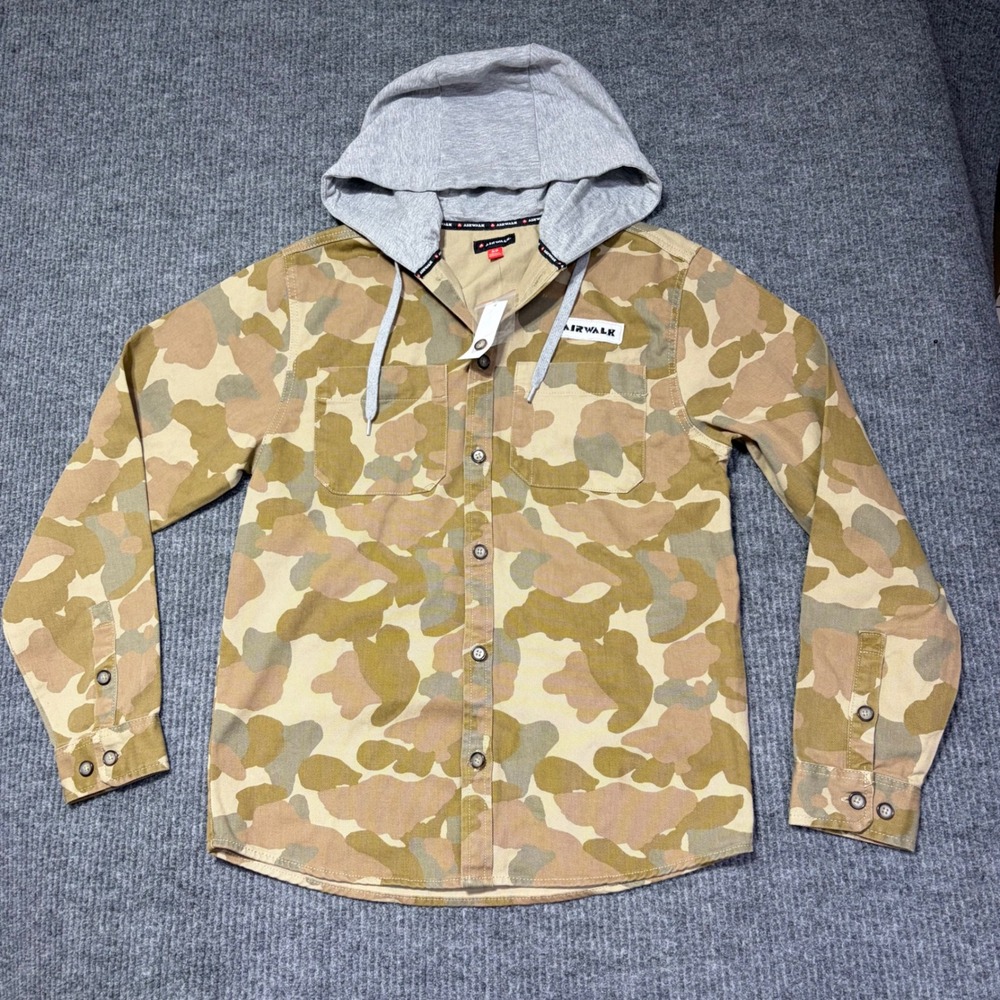 Airwalk Mens Small Khaki Camo Hooded Button Down Woven Shirt New With Tags